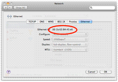 The MAC address is listed under the Ethernet or AirPort tab.